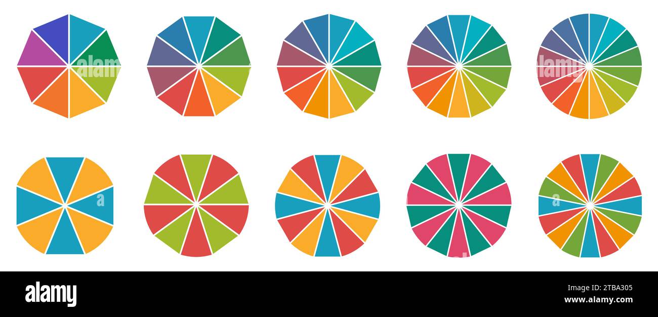 Kreis, der in gleiche Dreiecke oder Torten unterteilt ist, Version mit 8 bis 16 Segmenten, kann als Infografik-Element verwendet werden Stock Vektor