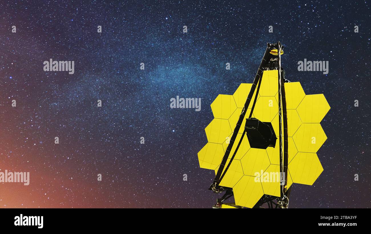 Das neue James Web Space Telescope fliegt im tiefen Sternenraum und erforscht Konstellationen und Planeten. Weltraummission Stockfoto