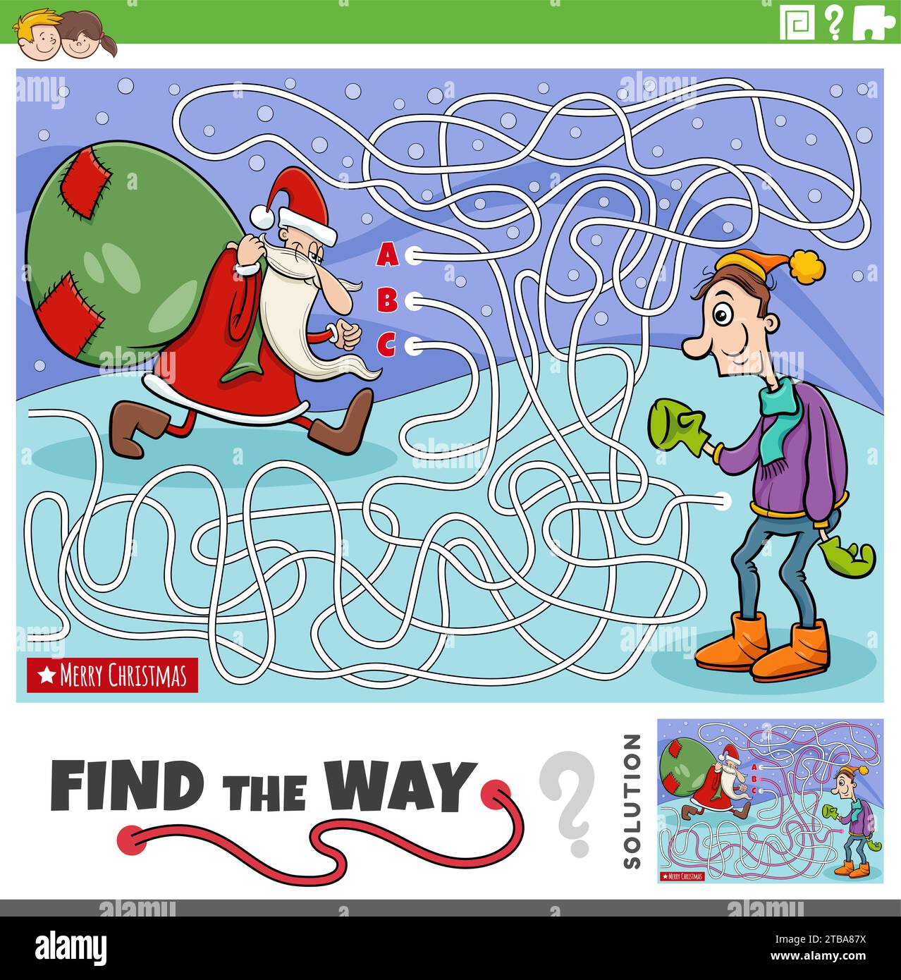 Cartoon-Illustration von Find the Way Labyrinth Puzzle Aktivität mit Weihnachtsmann Charakter mit Sack von Geschenken zur Weihnachtszeit Stock Vektor