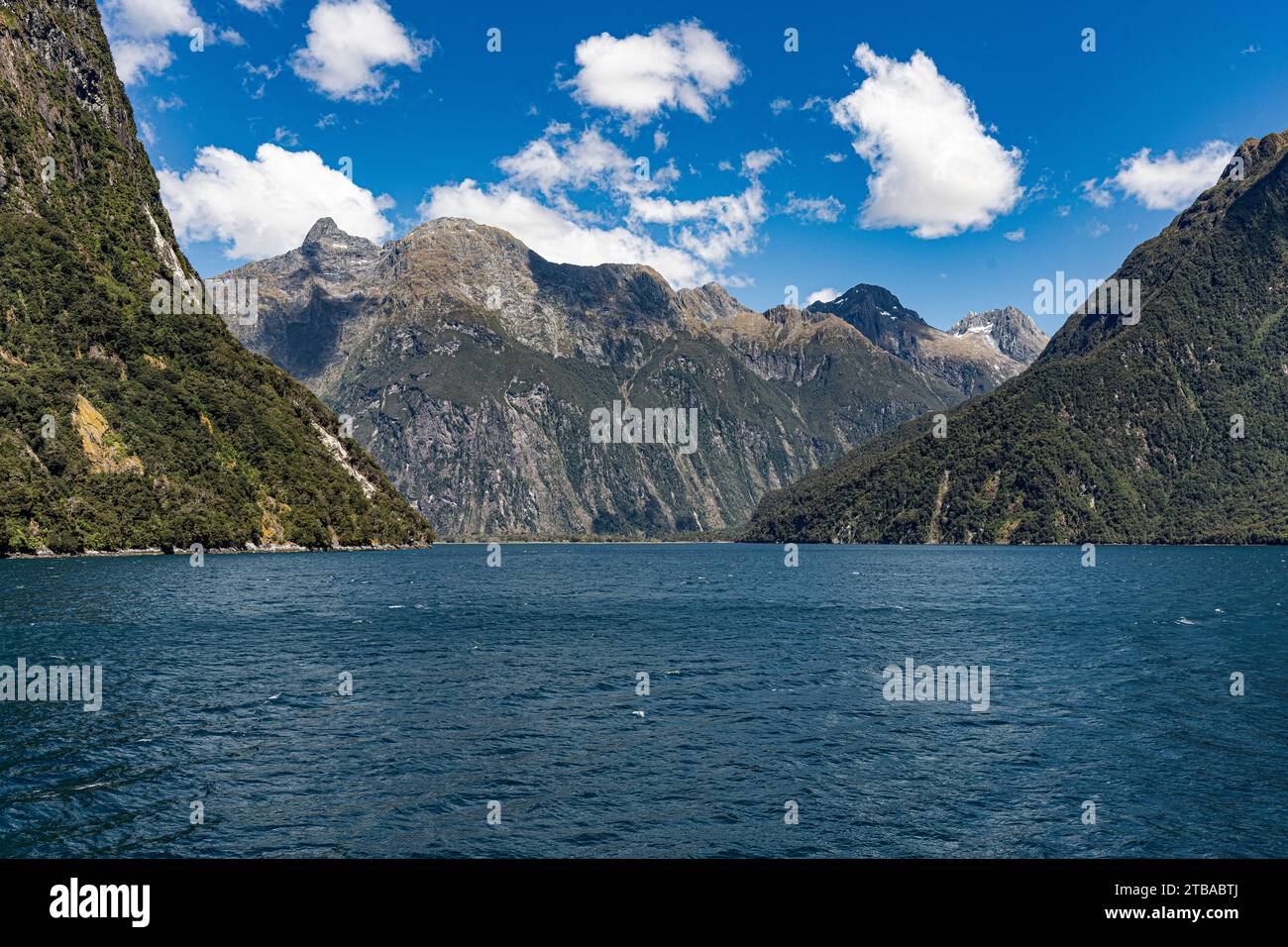 Blick auf den Milford Sound auf einem Boot zum Meer. Stockfoto