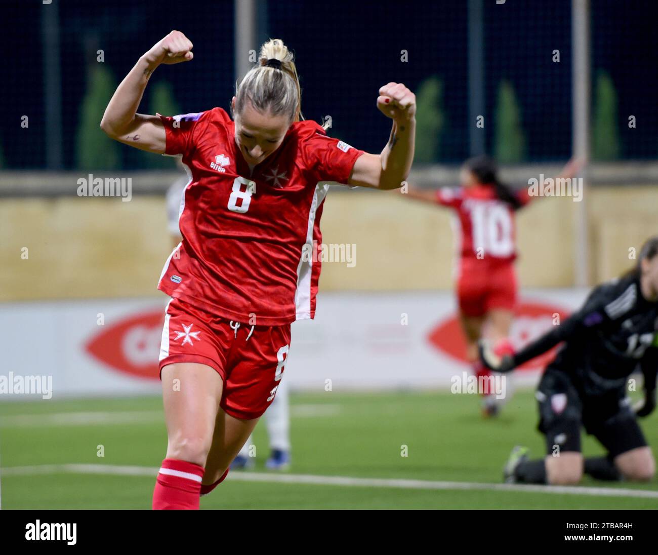 TA'qali, Malta. Dezember 2023. Rachel Cuschieri aus Malta feiert ein Tor beim Spiel der UEFA Women's Nations League C, Gruppe C1 zwischen Malta und Lettland in Ta'Qali, Malta, 5. Dezember 2023. Quelle: Jonathan Borg/Xinhua/Alamy Live News Stockfoto