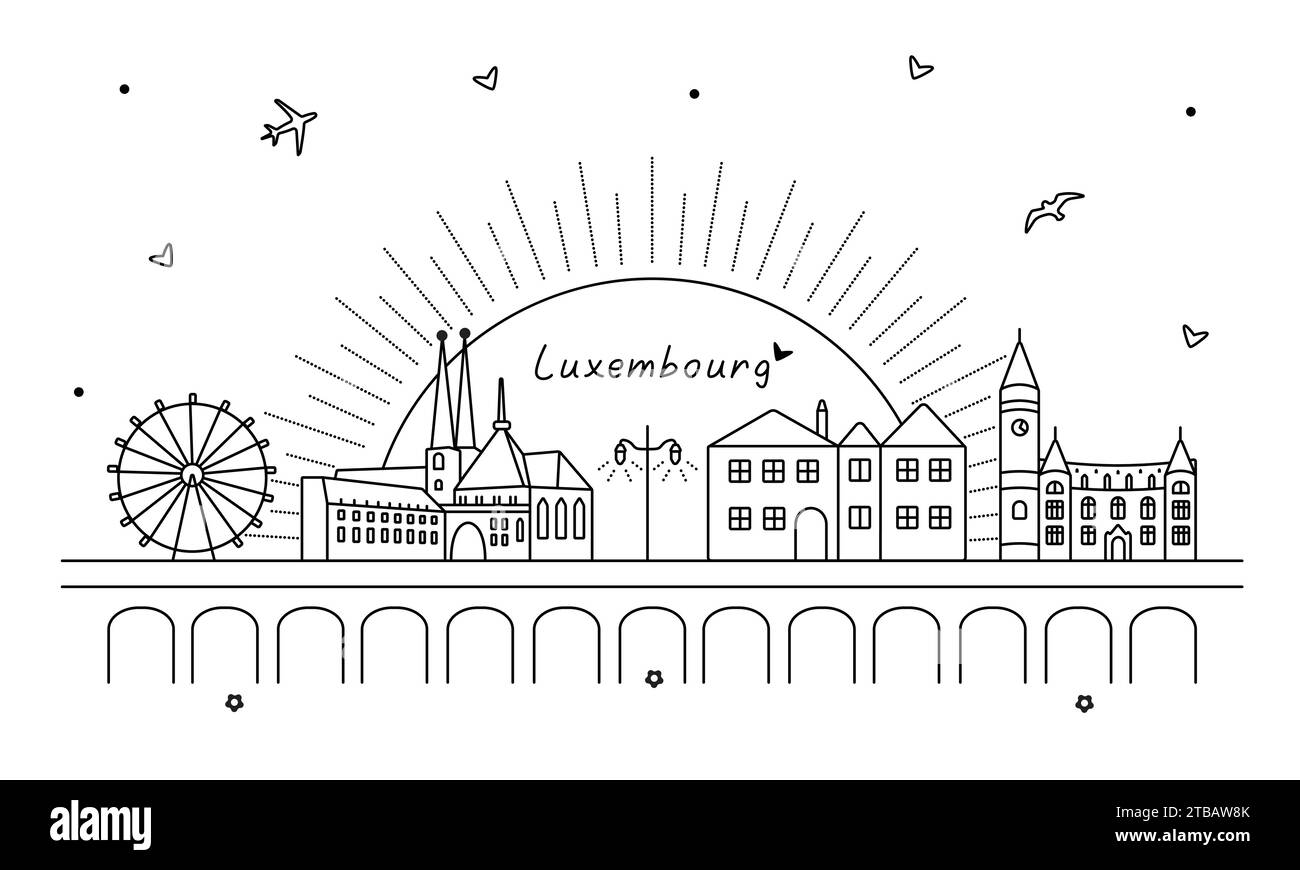 Luxemburgische Schwarzweiß-Vektorbanner, monochrome Illustration eines Wahrzeichens der Stadt, Landschaft, Panorama Stock Vektor
