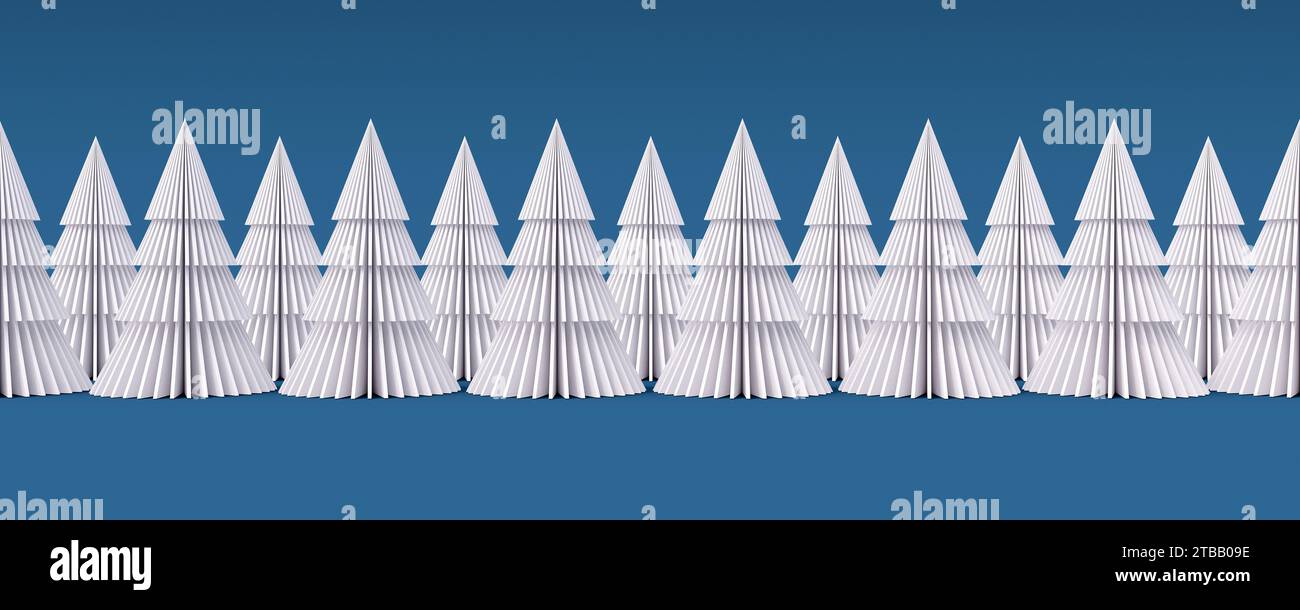 Weißer Weihnachtsbaum in Reihe auf blauem Hintergrund 3D-Darstellung 3D-Illustration Stockfoto