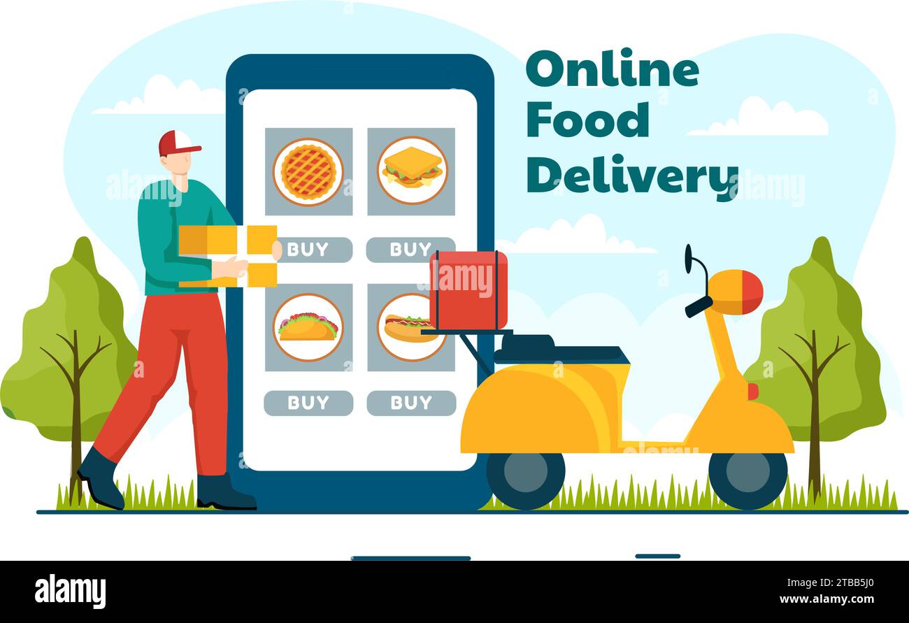 Online Food Delivery Vektor Illustration mit Bestellung Essen auf dem Telefon und es wird entsprechend dem Ziel in Flat Cartoon Hintergrund geliefert Stock Vektor