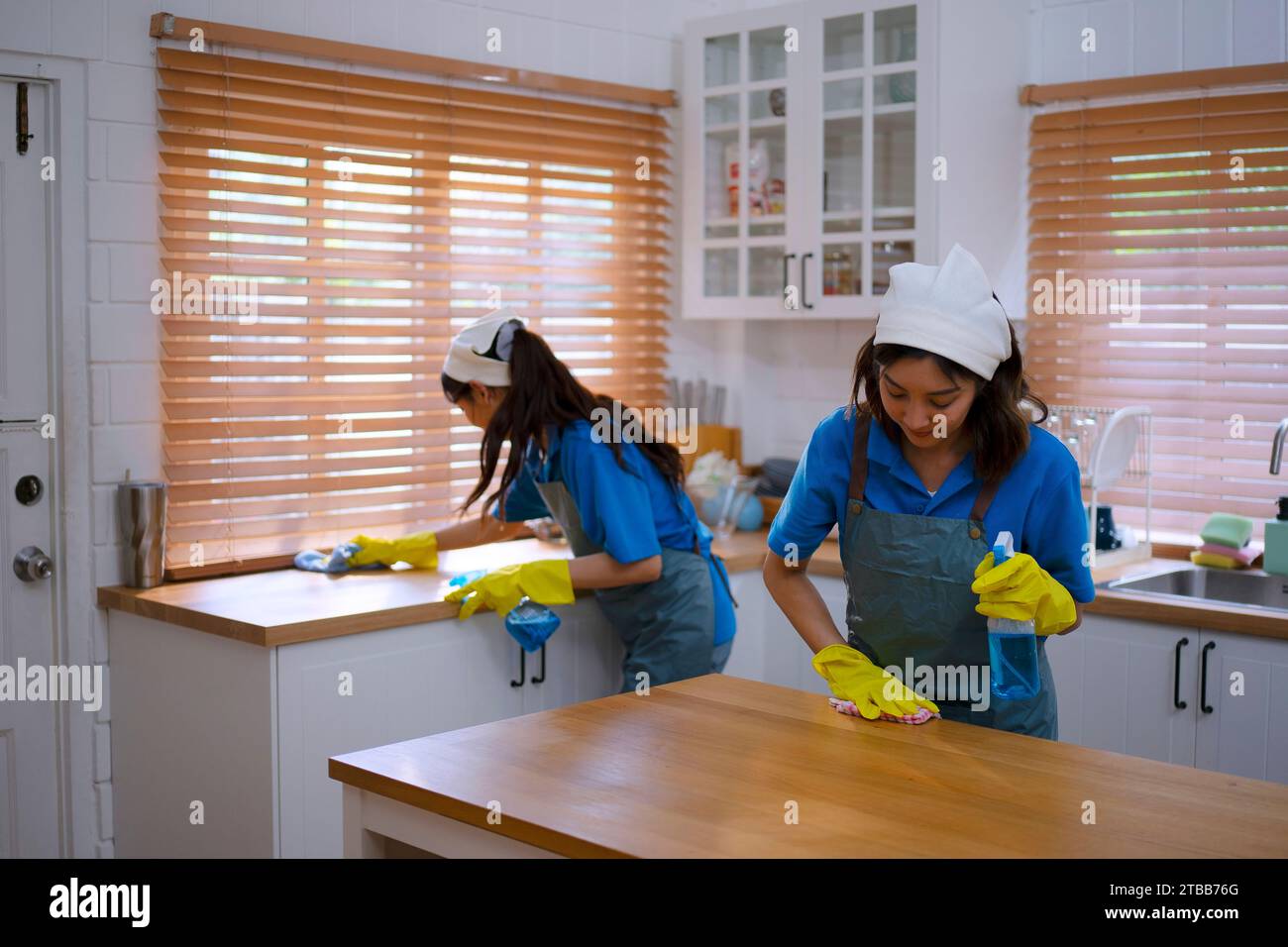Die Zimmermädchen reinigen das Haus. Service- und Berufskonzept. Stockfoto