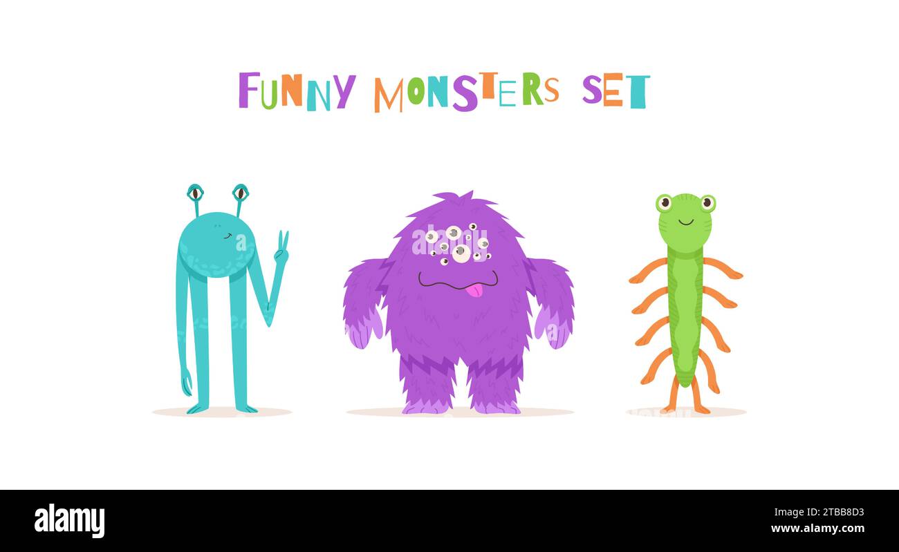 Set von niedlichen Aliens-Charakter-Vektor-Illustration. Freundliches blaues Alien, grünes Monster mit vielen Händen und große lila Bestie im Cartoon-Stil. Ideal für Stock Vektor