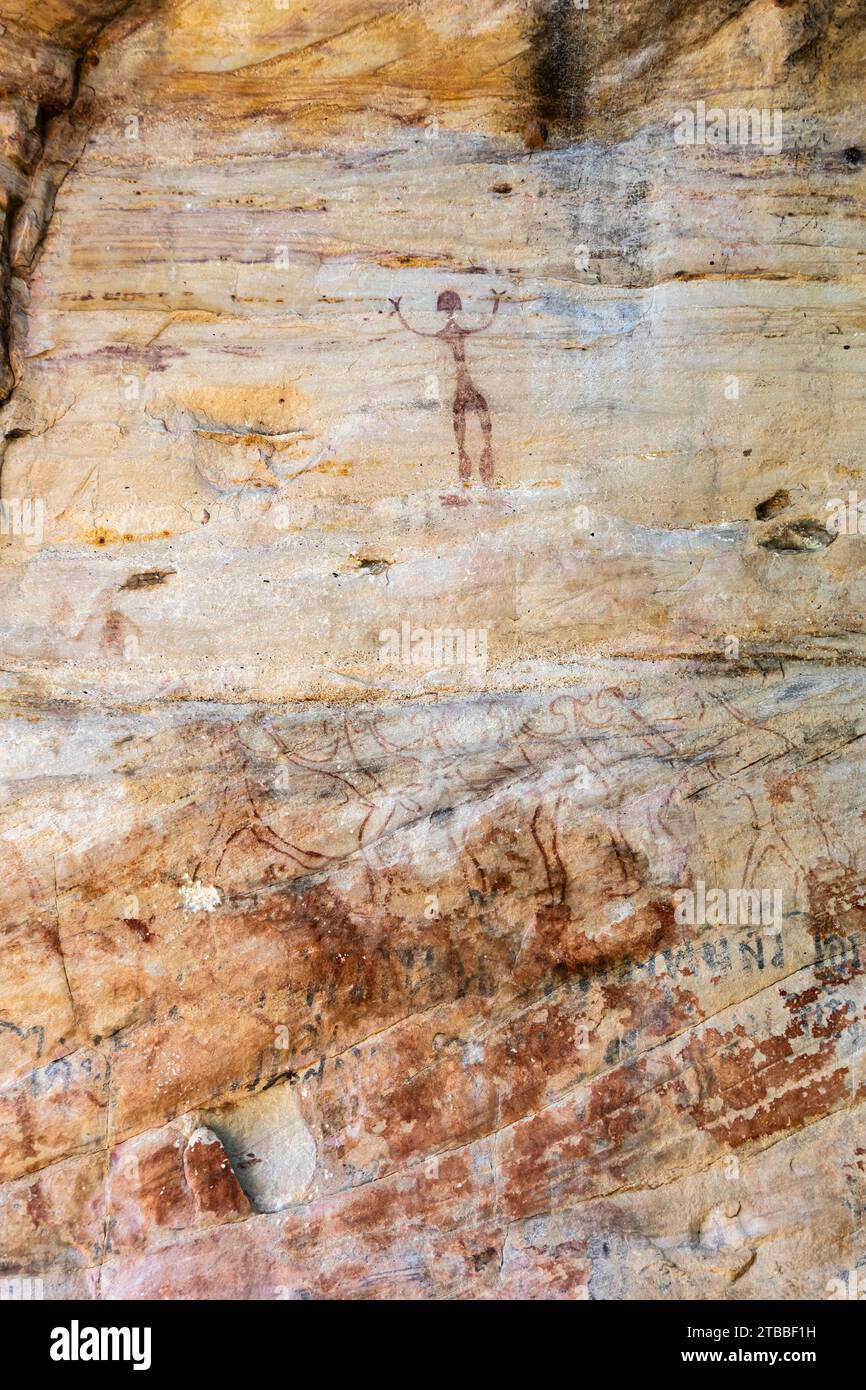 PHA Phak Wan, prähistorische Felsmalereien am riesigen Felsen, Song Dao District, Sakon Nakhon, Isan, Thailand, Südostasien, Asien Stockfoto