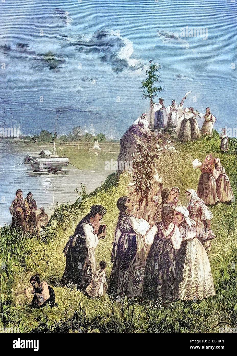 Die Feier des Semik, ein traditionelles slawisches Jahreszeitenfest, das Anfang Juni feiert wird, in Russland, Historisch, digital restaurierte Reproduktion von einer Vorlage aus dem 19. Jahrhundert / die Feier von Semik, ein traditionelles slawisches saisonales Festival, das Anfang Juni in Russland gefeiert wird, historische, digital restaurierte Reproduktion eines Originals aus dem 19. Jahrhundert Stockfoto