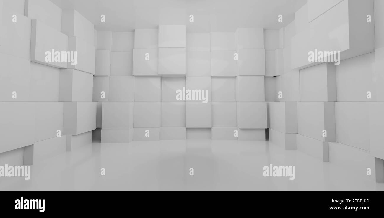 Eine ruhige Oase: Ein weißer Raum mit luftigem Ambiente und minimalistischem Design, 3D-Darstellung Stockfoto
