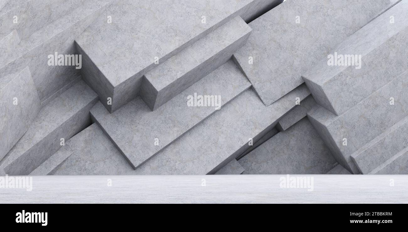 Eine Wand mit gestapelten Betonblöcken, die eine stabile und industrielle visuelle Darstellung von 3D-Rendering-Illustration erzeugen Stockfoto