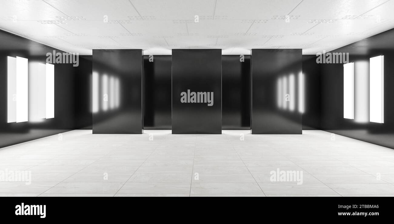 Ein leerer Raum mit Schwarz-weiß-Wänden 3D-Rendering-Illustration Stockfoto