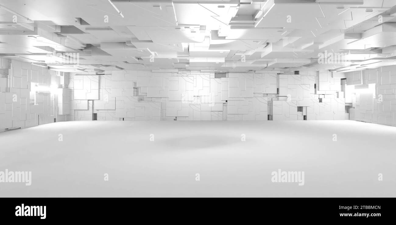 Ein geräumiger leerer Raum mit sauberen und hellen weißen Wänden und Decken 3D-Darstellung Illustration Stockfoto