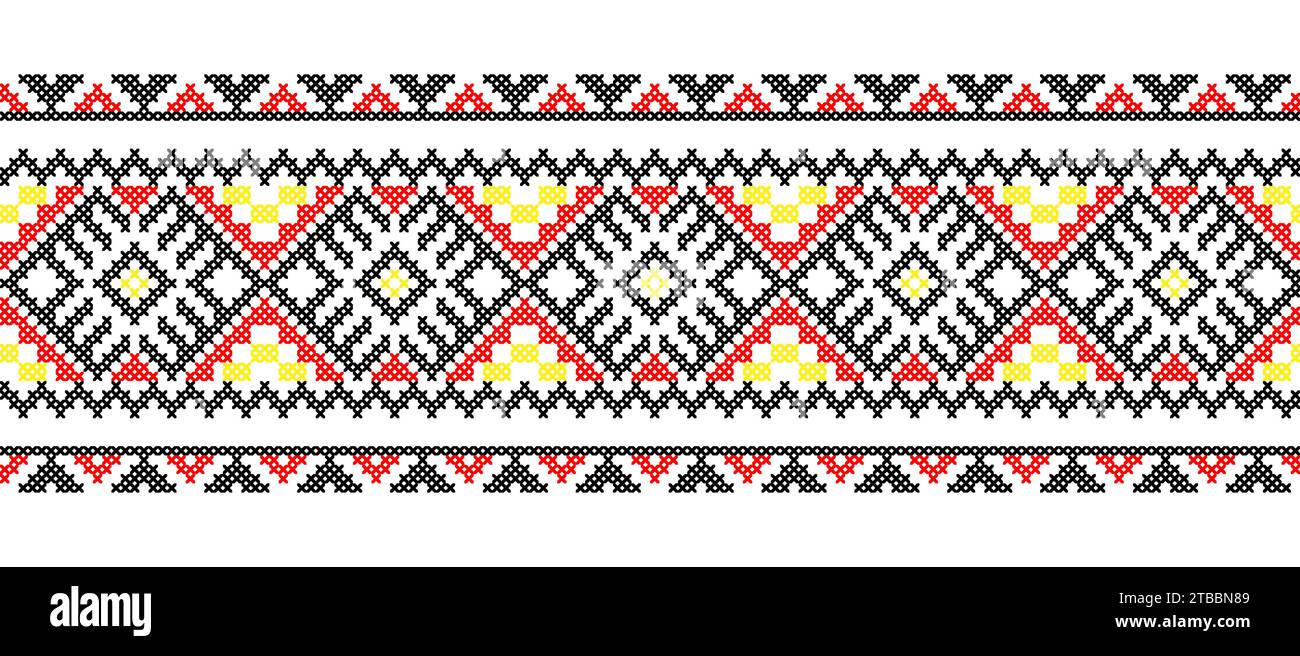 Ukrainian pattern. Vector ornament, seamless border. Ukrainian folk, ethnic geometric embroidery. Pattern in red and black colors. Pixel art Stock Vektor
