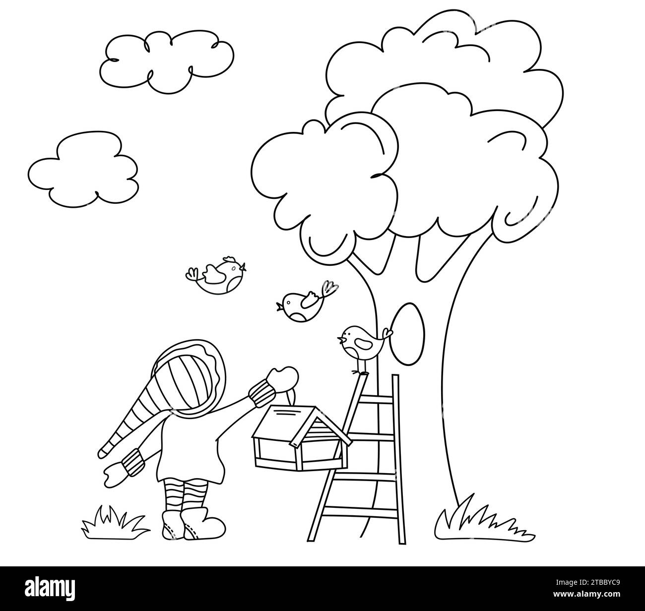 Auf der Ausmalseite für Kinder hängt Ein fröhlicher Gnome Ein Vogelfutter an Einem Baum und Vögel fliegen herum, perfekt für Ein Ausmalbuch Stock Vektor