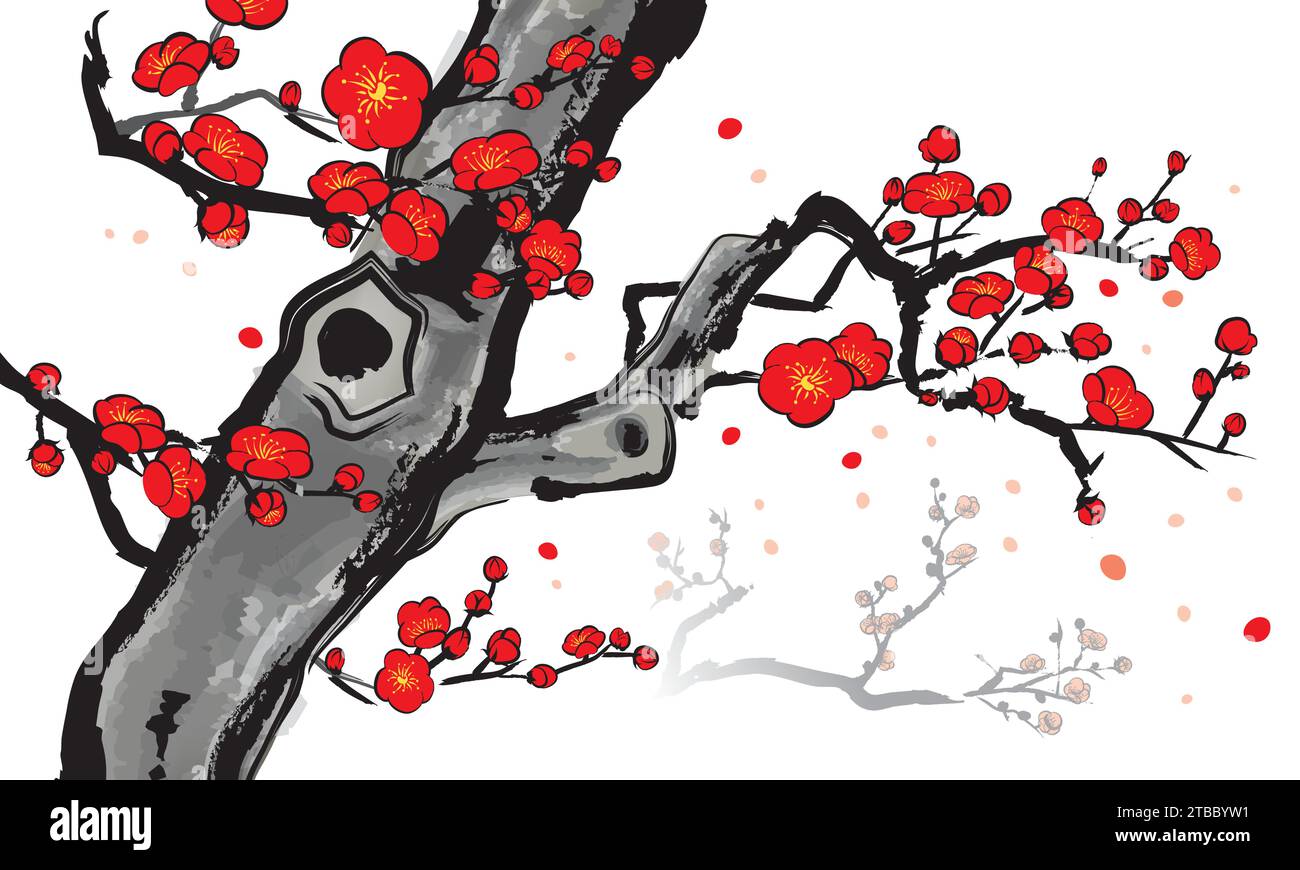 Pflaumenblüte Zeichnung in chinesischer Tinte Malstil präsentiert. Stock Vektor