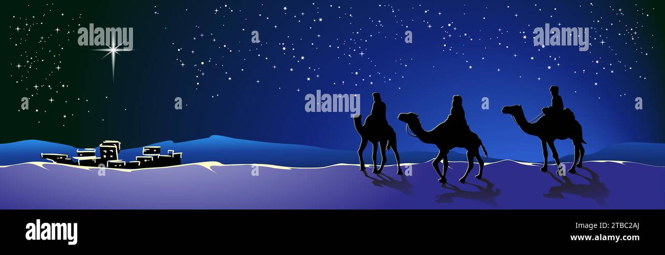 Frohe Weihnachten. Weihnachtsgeschichte. Drei Weisen folgen dem Stern nach Bethlehem, um den Säugling Jesus Christus anzubeten, den Retter der Welt, Sohn Gottes Stock Vektor