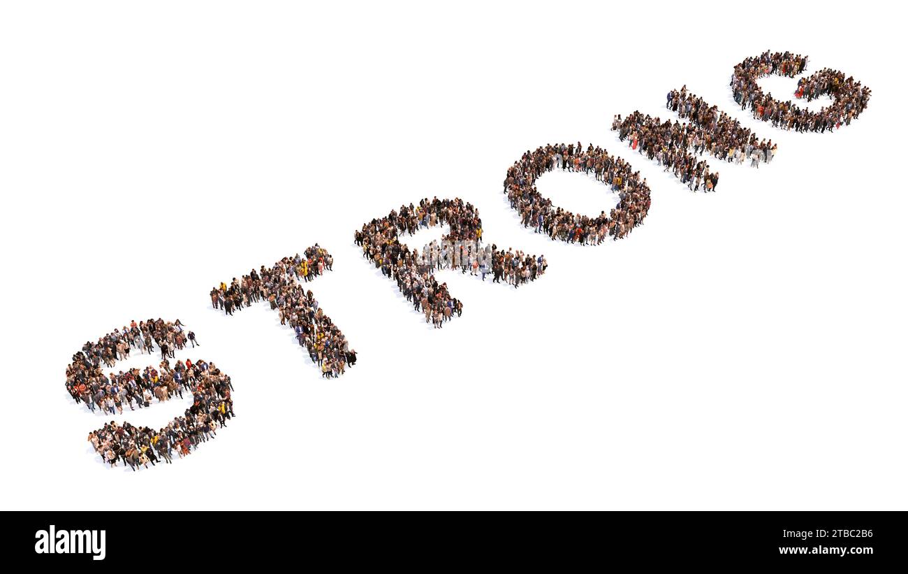 Konzept oder konzeptionelle große Gemeinschaft von Menschen, die das Wort „STARK“ bilden. 3D Illustration Metapher für Selbstvertrauen, Entschlossenheit, Resilienz, Mut Stockfoto