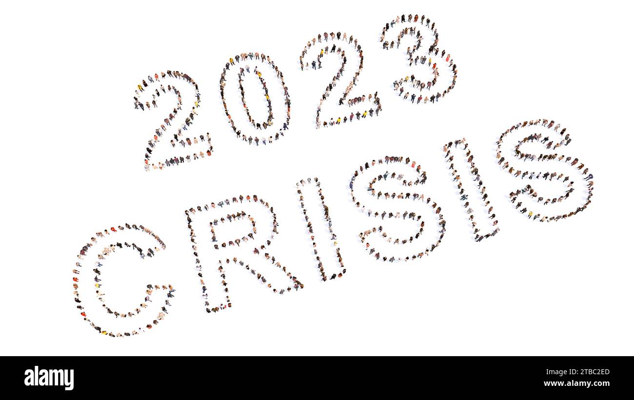 Konzeptionelle Gemeinschaft von Menschen, die die KRISENBOTSCHAFT von 2023 bilden. 3D Illustration Metapher für Wirtschafts- und Finanzkrise, langfristige Rezession Stockfoto
