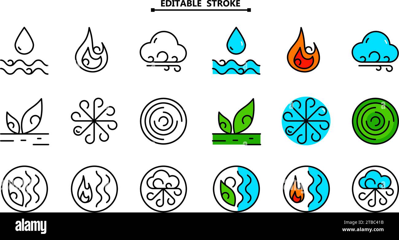 Ayurvedische Umrisse Elemente Wasser, Feuer, Luft, Erde und Äther gesetzt. Bearbeitbare Kontur. Ayurvedische Vektorsymbole dünner linearer Stil. Elementsymbole fo Stock Vektor