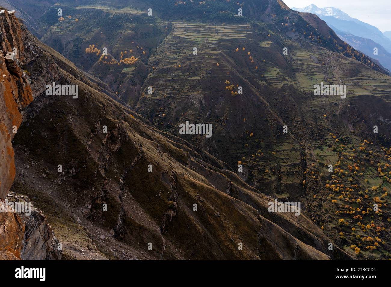 Weitläufige Aussicht mit einer Klippe, einem Canyon und grünen Terrassen. Natürlicher Hintergrund. Stockfoto