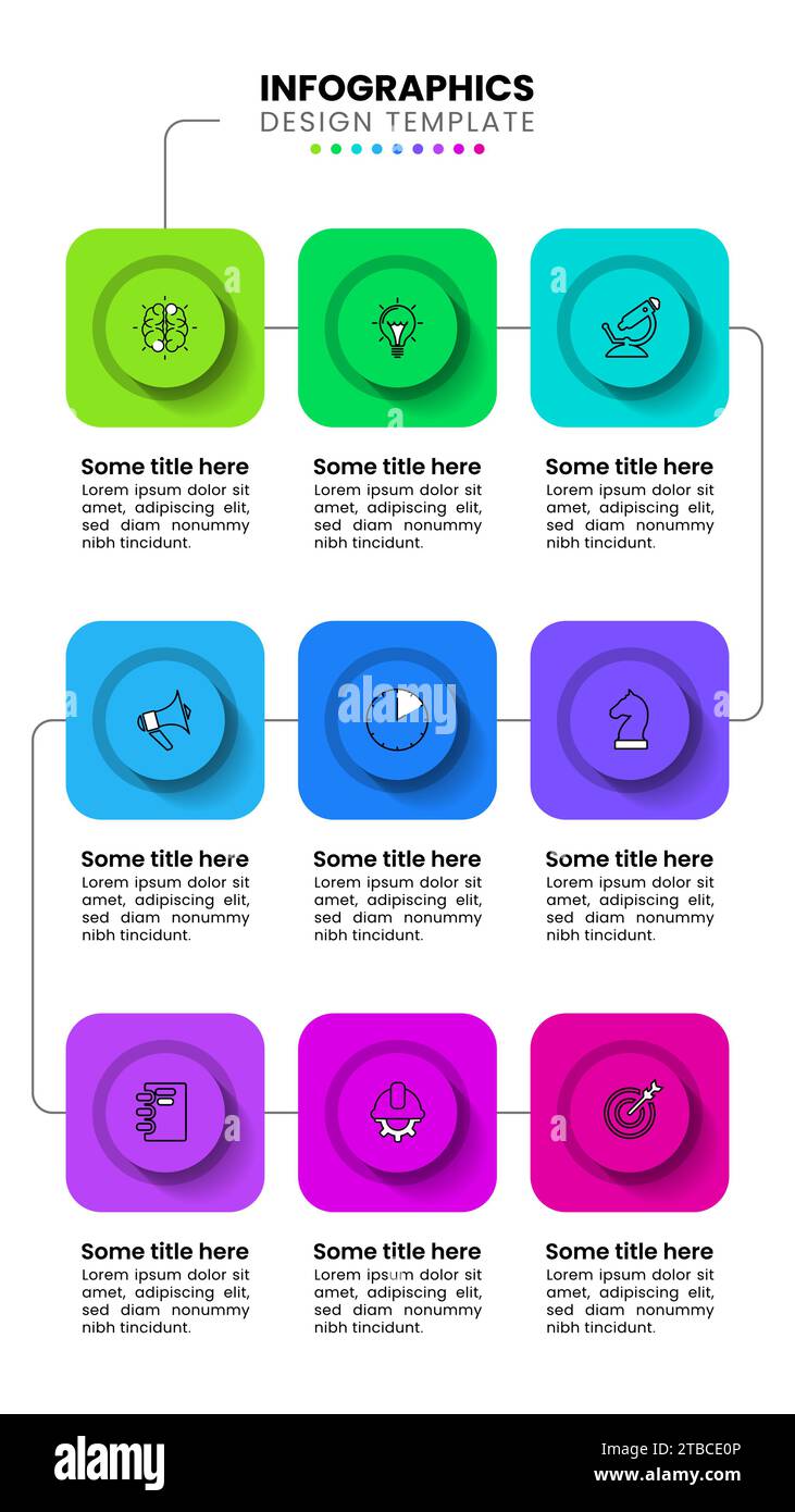 Infografik-Vorlage mit Symbolen und 9 Optionen oder Schritten. Vertikale Linie. Kann für Workflow-Layout, Diagramm, Banner und Webdesign verwendet werden. Vektorillustratio Stock Vektor