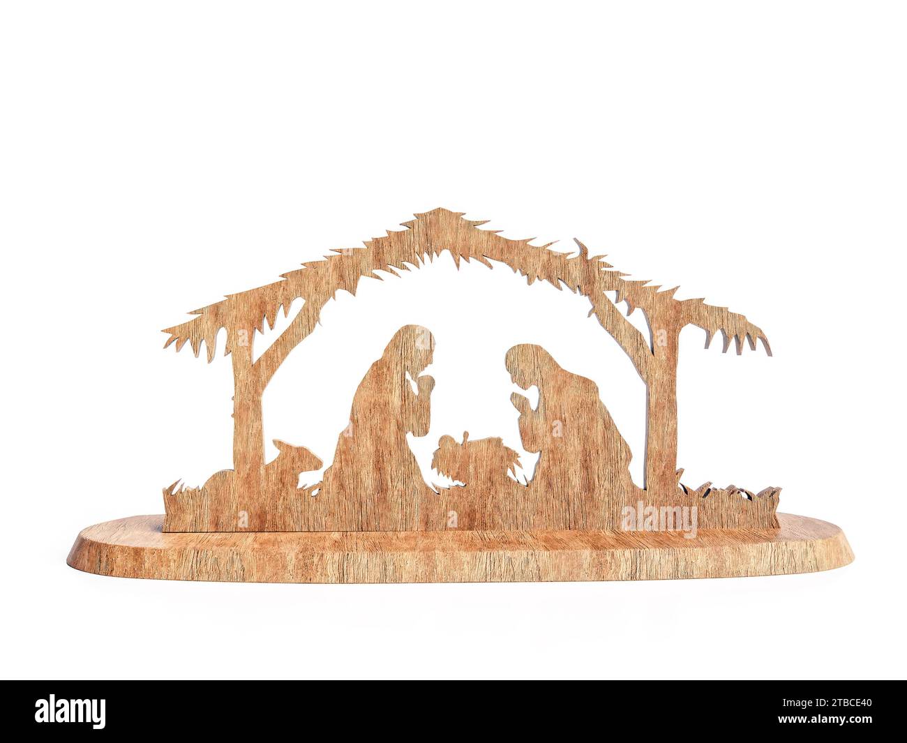 3D-Wiedergabe der einheimischen Weihnachtsszene aus Holz auf weißem Hintergrund Stockfoto