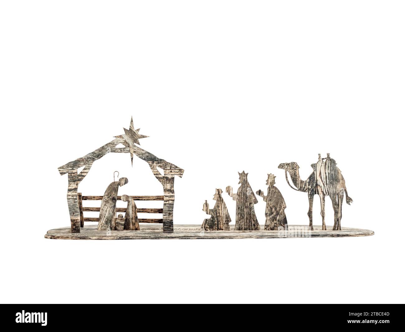 3D-Wiedergabe der einheimischen Weihnachtsszene aus Holz auf weißem Hintergrund Stockfoto