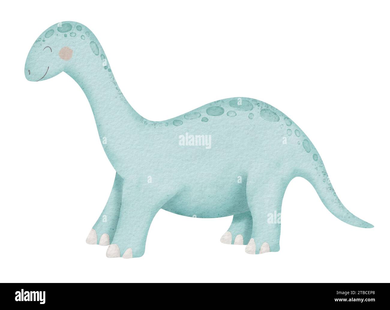 Dinosaurier Diplodocus Aquarellillustration. Handgezeichnete Clipart von Dino auf isoliertem Hintergrund. Zeichnung einer niedlichen, lächelnden Zeichentrickfigur. Skizze mit blauen prähistorischen Tierdrucken für Kinder. Stockfoto