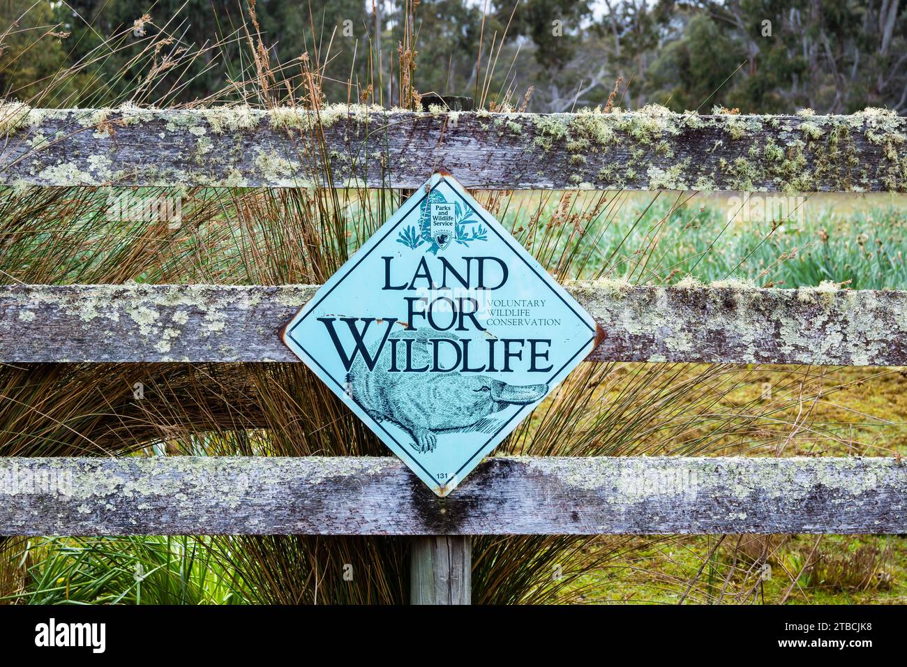 „Land for Wildlife“-Schild zum Schutz der Tiere. Tasmanien, Australien. Stockfoto