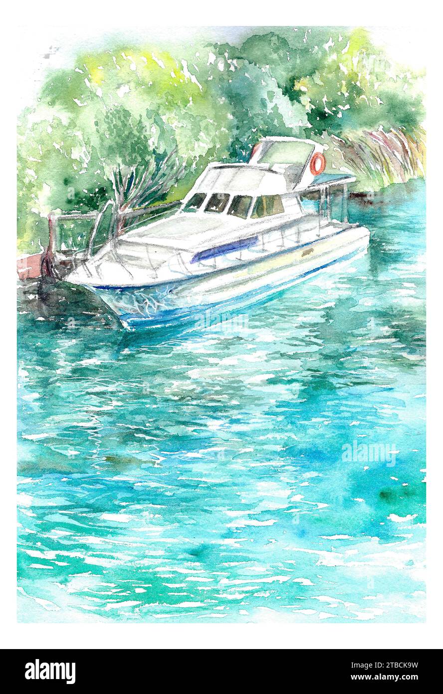 Jacht, Motorboot in der Nähe des Flussufers. Aquarellabbildung. Grußkarten, Einladungen, Gemälde, Cover, Reiseblätter, Poster. Stockfoto
