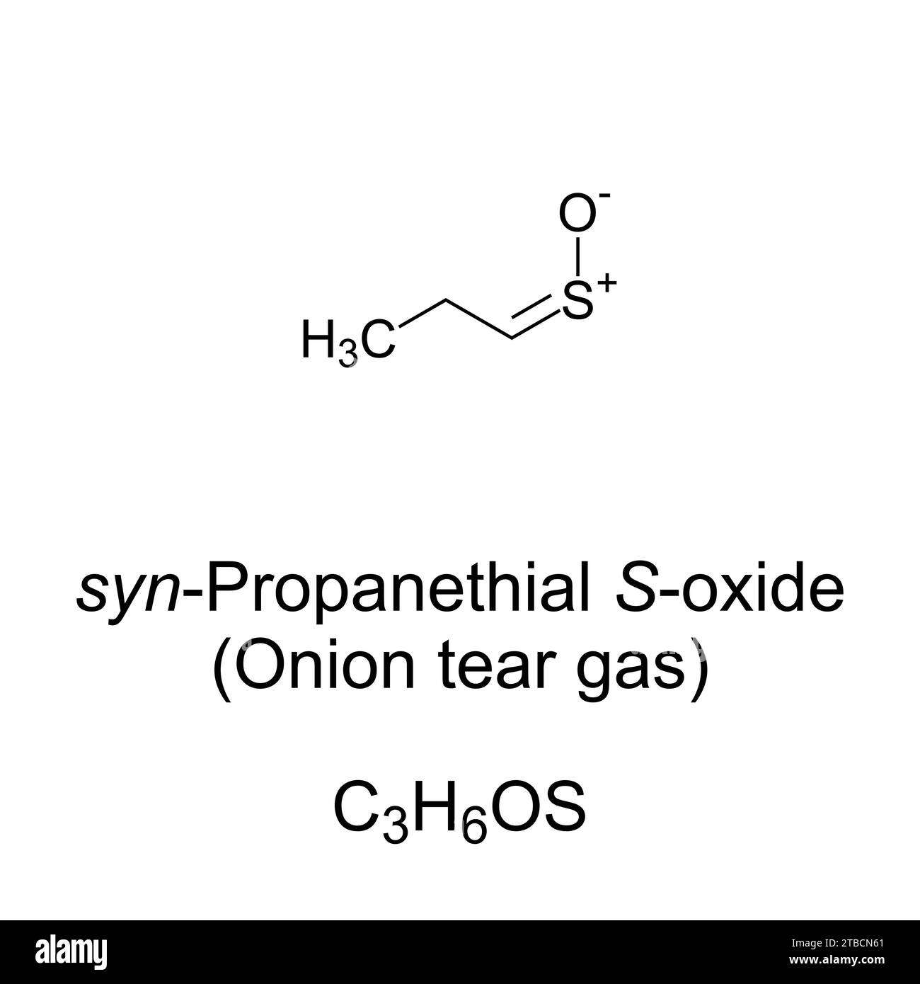 Propanethiales S-oxid chemische Formel und Struktur. Organoschwefelverbindung, die aus Zwiebeln beim Schneiden freigesetzt wird. Flüchtige Flüssigkeit und Tränengas. Stockfoto