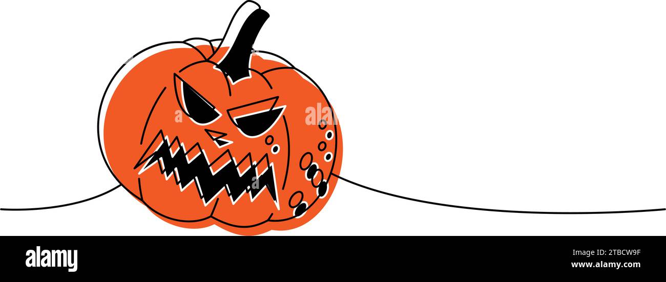 Halloween Kürbis Gruselgesicht eine Linie farbige kontinuierliche Zeichnung. Halloween-Kürbis mit unheimlichem Gesicht durchgehende 1-zeilige Illustration. Stock Vektor