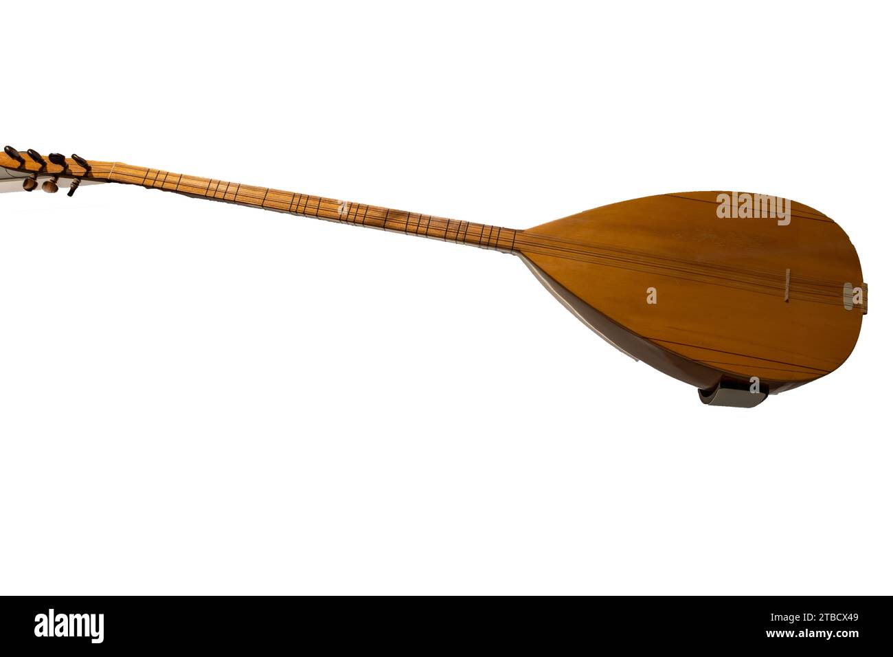 Baglama oder Saz ist ein Streichinstrument, das in der türkischen Volksmusik häufig verwendet wird. Isolierter weißer Hintergrund Stockfoto