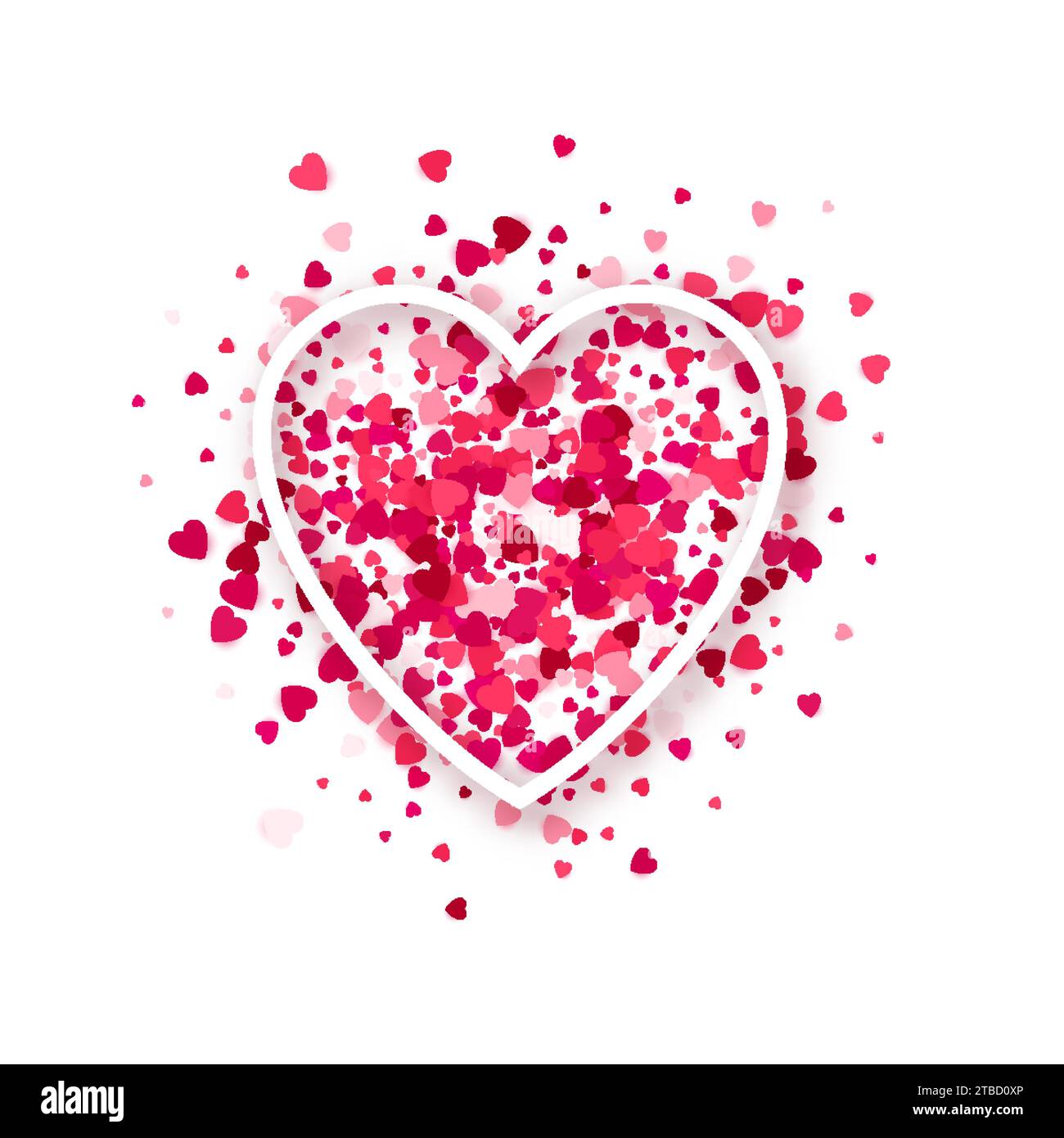 Linienrahmen 3D-Herzform mit Glitzerrosa und roten Herzblütenpartikeln auf Hintergrund. Romantisches Liebessymbol. Valentinskarte. Hochzeitseinladung. Website-Banner, Designelement mit Konfetti Stock Vektor