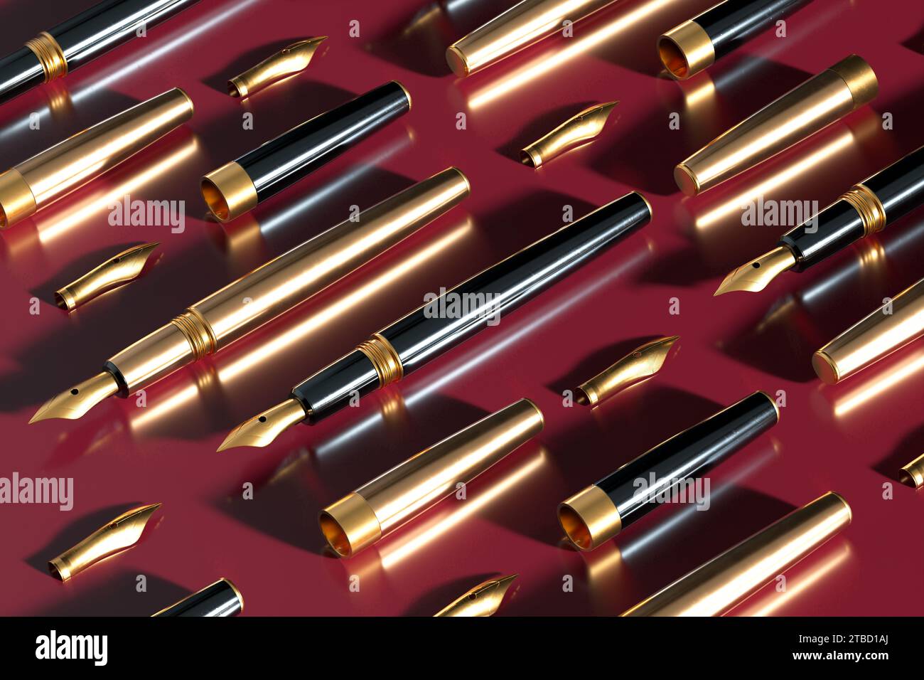 Auswahl an raffinierten Füllfederhaltern auf einem glänzenden roten Hintergrund Stockfoto