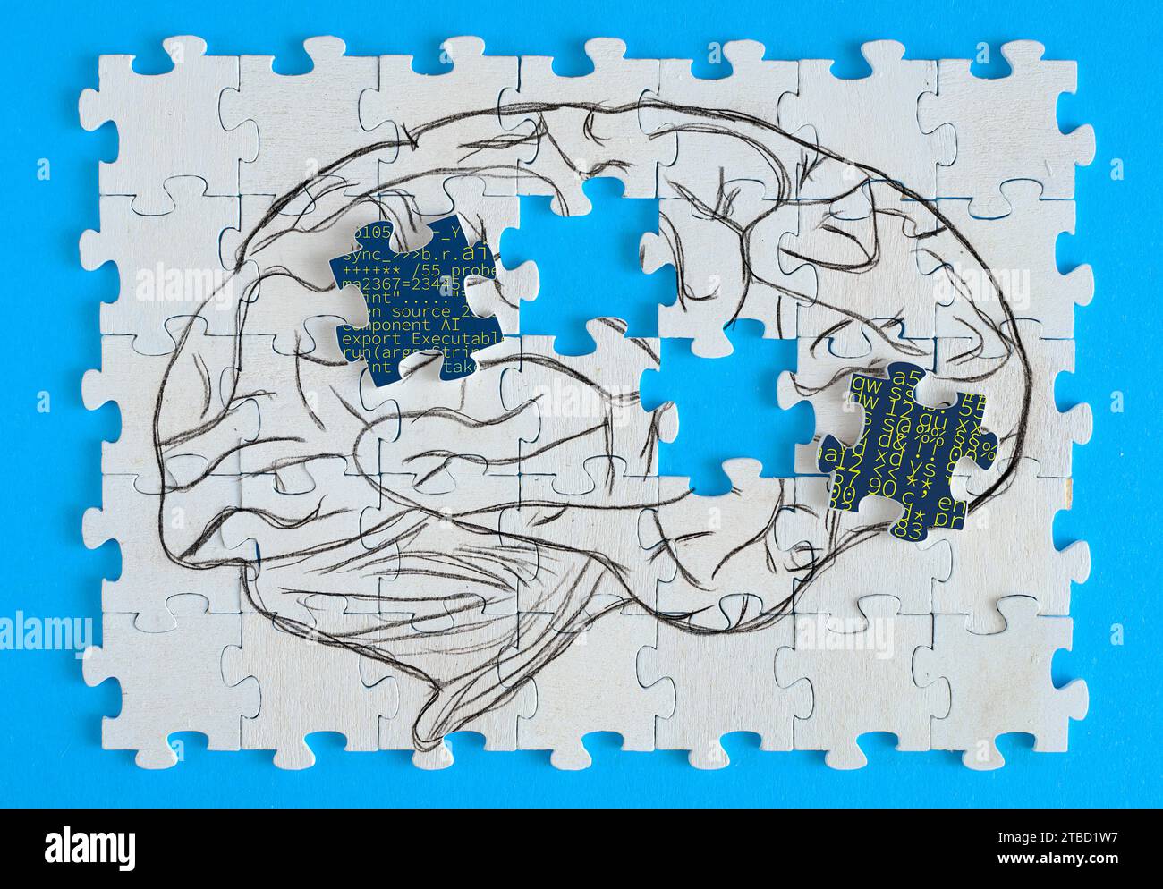Künstliche Intelligenz, menschliches Gehirn auf Puzzleteilen, KI-Programme und Datenverarbeitung unterstützen menschliche Kreativität und Problemlösung oder die OP Stockfoto