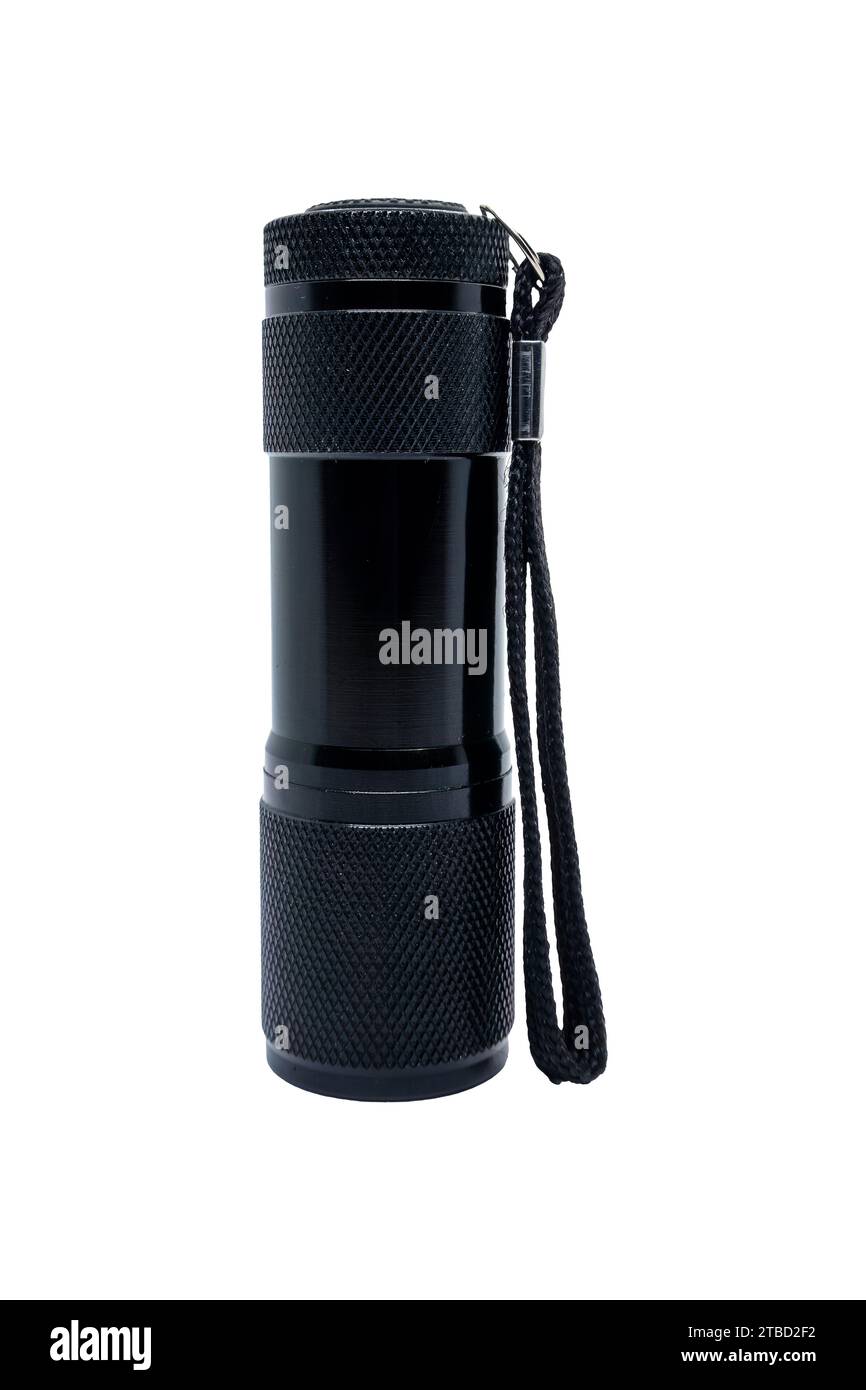 Schwarze Taschenlampe, Nahaufnahme. Isoliert auf weißem Hintergrund mit Beschneidungspfad Stockfoto
