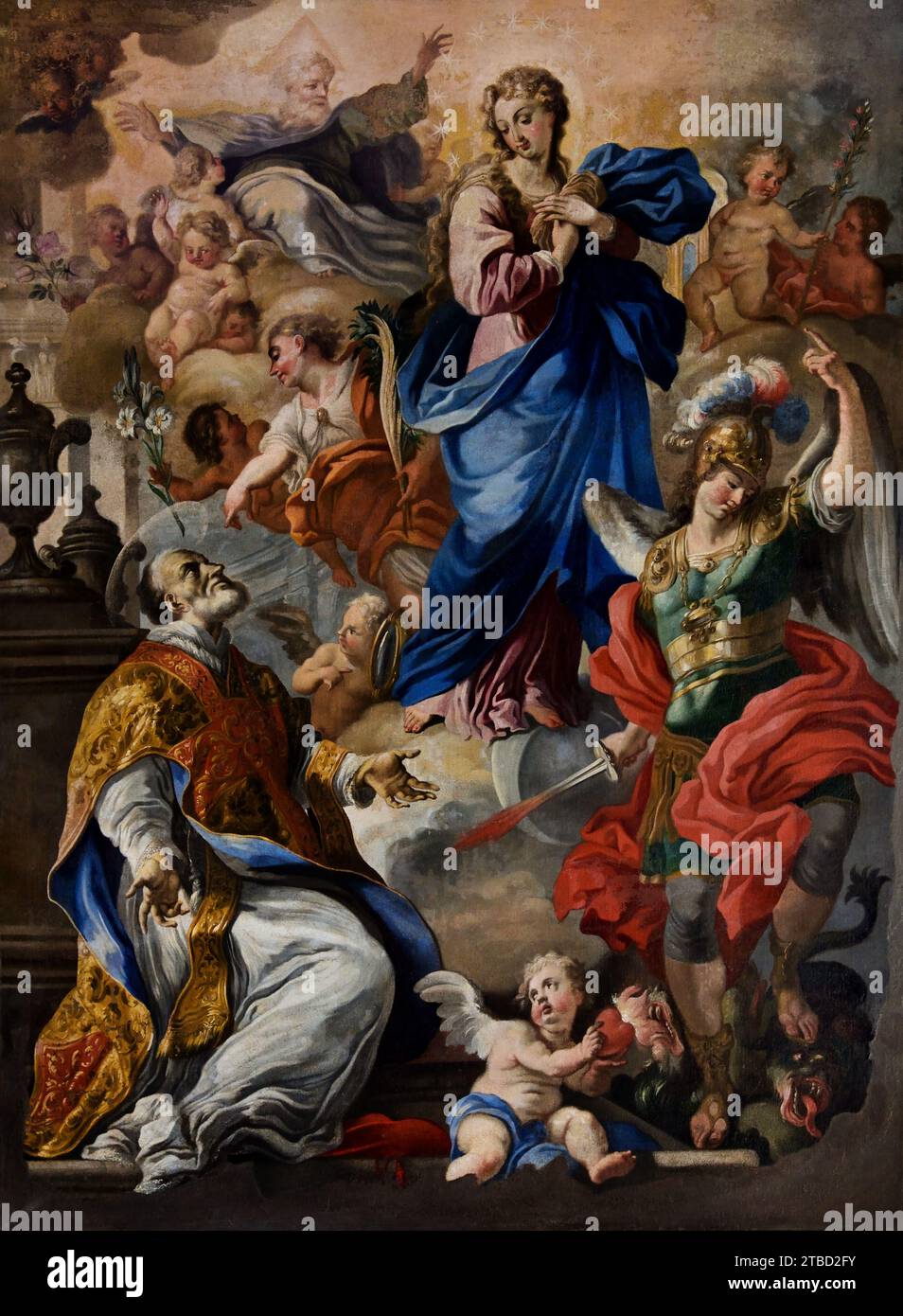 Pinto-Kapelle 18. Jahrhundert, Jungfrau mit den Heiligen Filippo Neri und Michele Arcangelo vom Maler Michele Ricciardi, Primatial Metropolitan Cathedral ( eröffnet im März 1084) der Heiligen Maria der Engel, des heiligen Matthäus und des heiligen Gregor VII. - Cattedrale Primaziale Metropolitana di Santa Maria degli Angeli, San Matteo e San Gregorio VI.I Salerno Fine Art Museum, Italien, Italienisch, Stockfoto