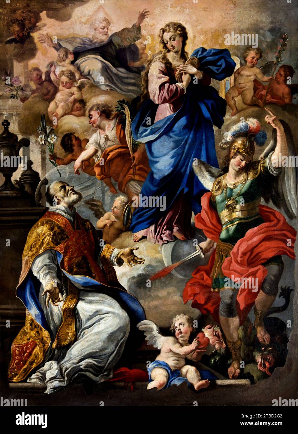 Pinto-Kapelle 18. Jahrhundert, Jungfrau mit den Heiligen Filippo Neri und Michele Arcangelo vom Maler Michele Ricciardi, Primatial Metropolitan Cathedral ( eröffnet im März 1084) der Heiligen Maria der Engel, des heiligen Matthäus und des heiligen Gregor VII. - Cattedrale Primaziale Metropolitana di Santa Maria degli Angeli, San Matteo e San Gregorio VI.I Salerno Fine Art Museum, Italien, Italienisch, Stockfoto