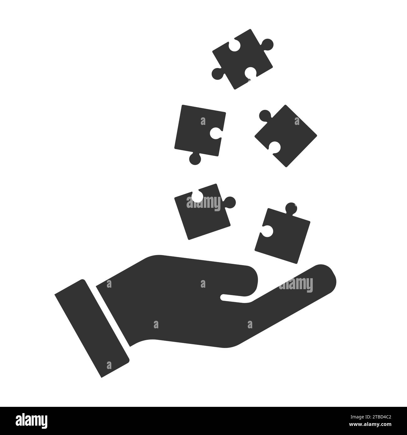 Puzzleteile auf einer Hand. Puzzle auf einer Palme. Die Hand wirft ein Puzzle. Illustration des flachen Vektors Stock Vektor