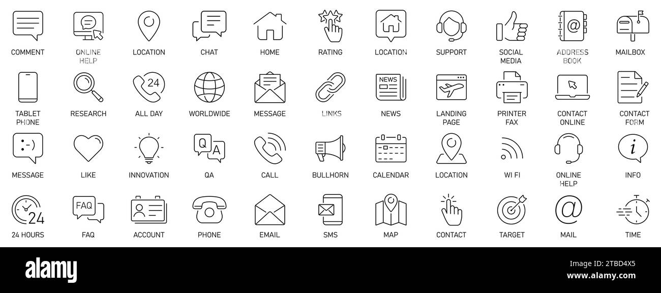 Set mit einfachen Kontaktsymbolen für Web- und mobile App. Symbol für soziale Medien Anruf per E-Mail an Mobilgeräte. Kundendienst. Wenden Sie sich an den Support und unterzeichnen Sie Stock Vektor