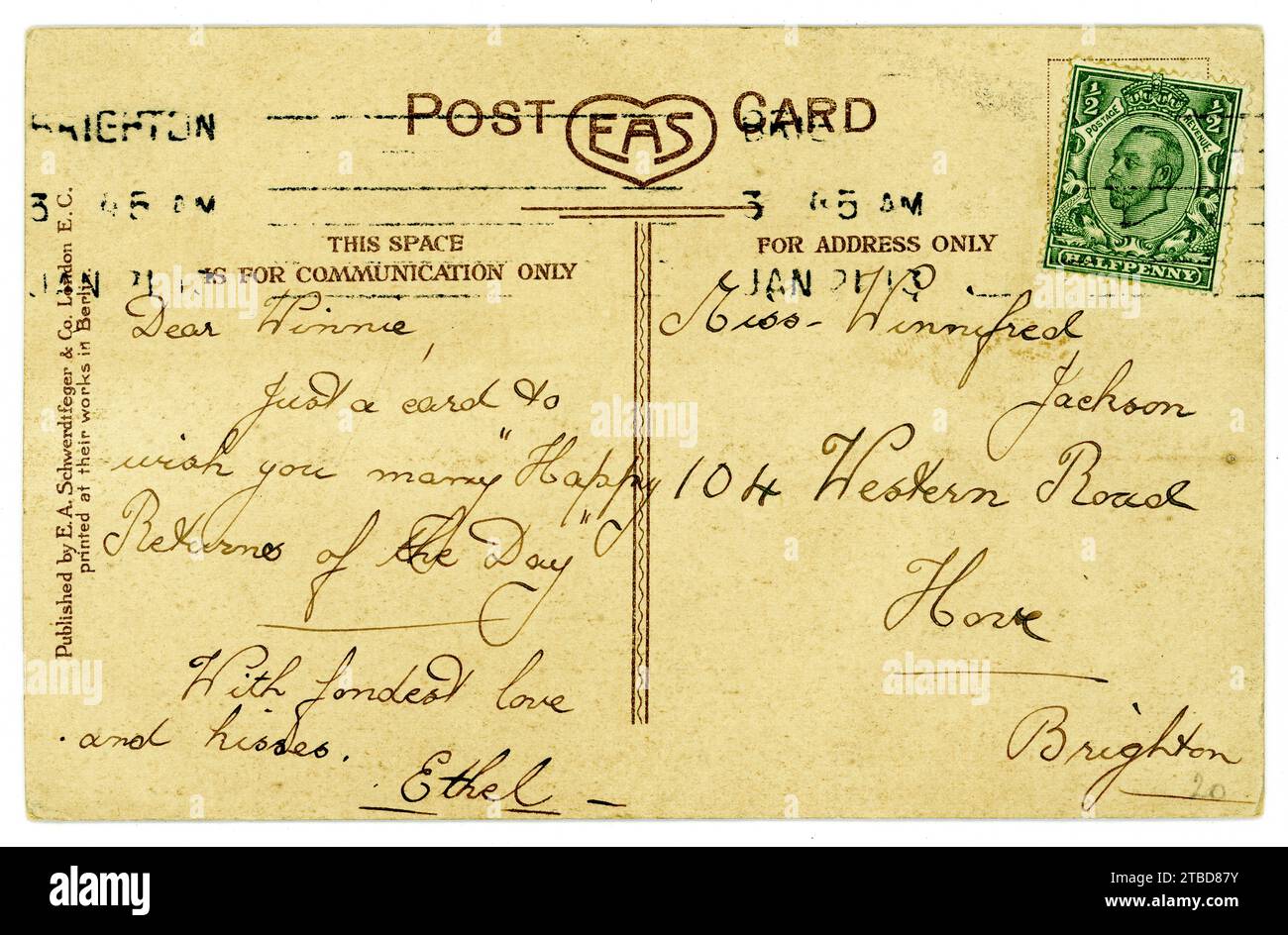 Rückseite der Grußkarte vor dem 1. Weltkrieg Anfang der 1900er Jahre. (Grüner halber Pfennig König Edward VII. Stempel)Postkarte datiert/verfasst am 21. Januar 1913 Stockfoto