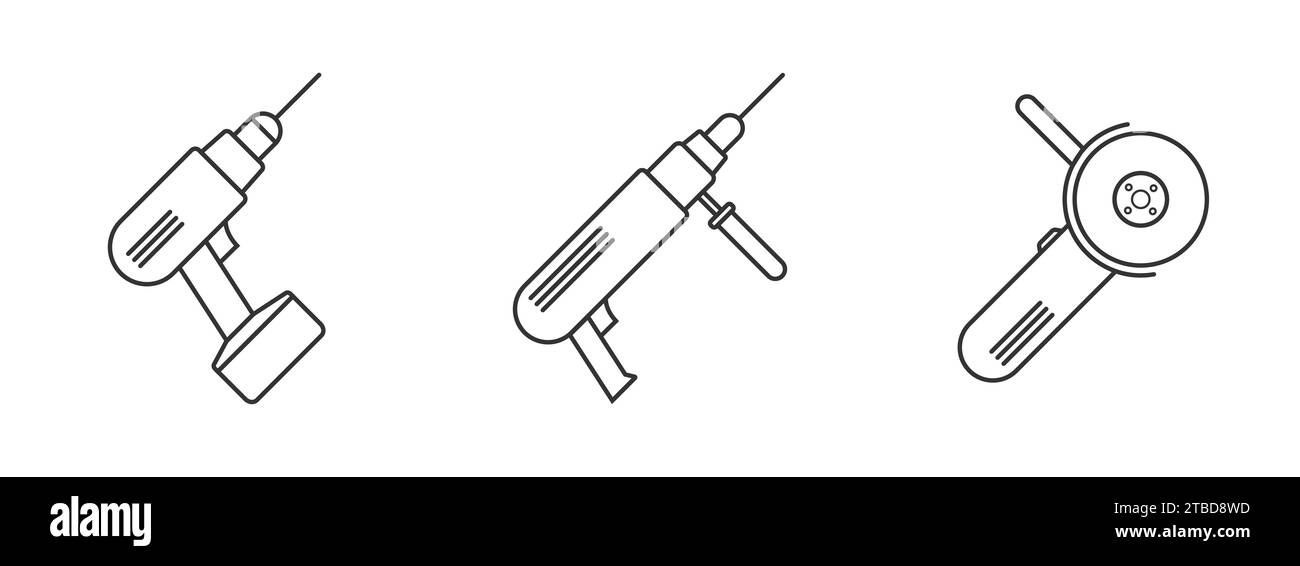 Symbol für elektrische Bohrmaschine. Symbol für Winkelschleifer. Schraubendreher, lineare Ausführung. Akku-Bohrmaschine. Vektorabbildung Stock Vektor