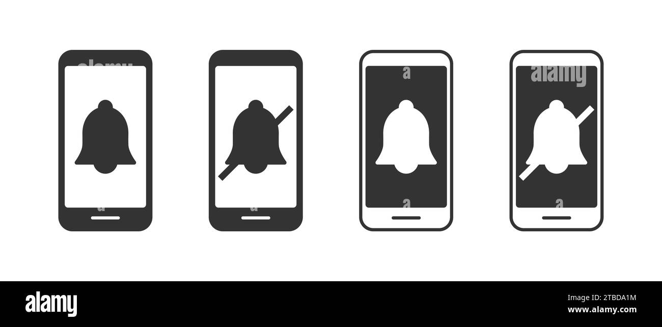Stummschaltung. Silent-Modus oder Vibrationsmodus. Benachrichtigungssymbol für Klingelton. Symbol für ein- und Ausschalten der Smartphone-Lautstärke. Vektorabbildung Stock Vektor