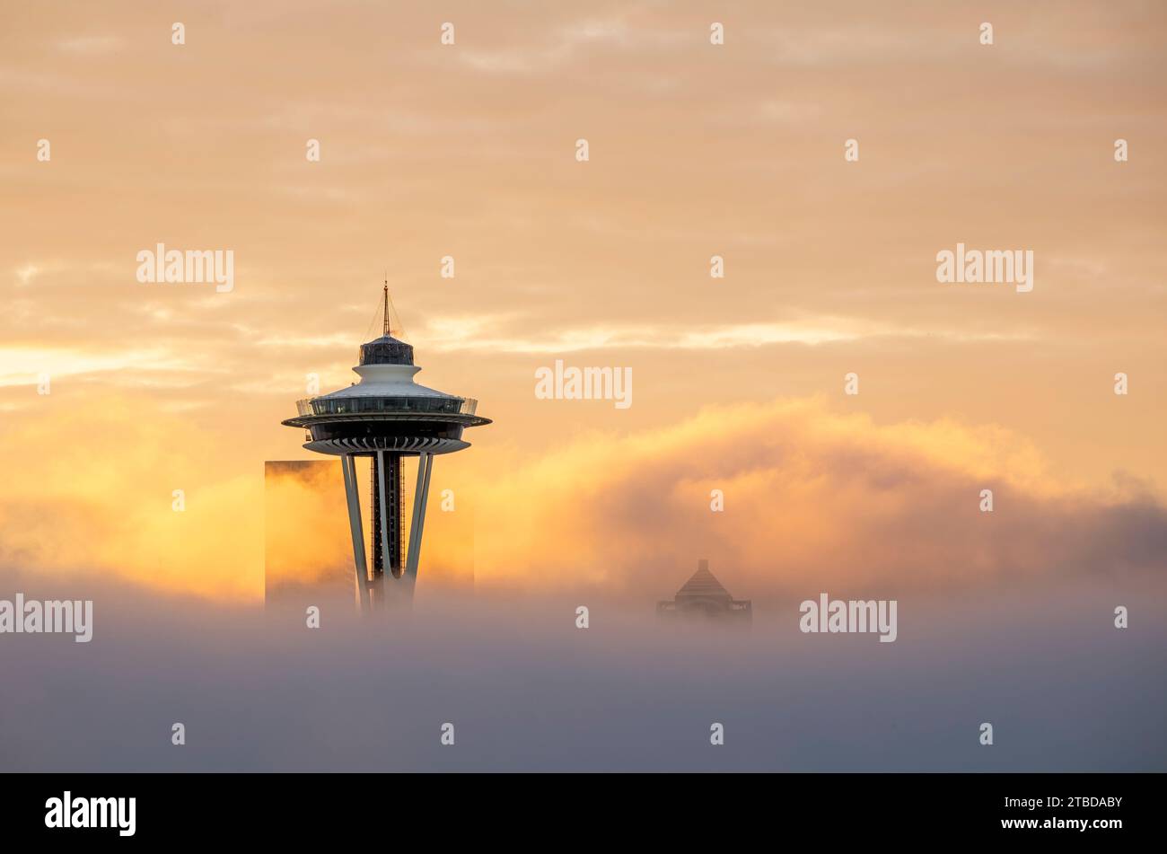 WA24640-00....WASHINGTON - Seattle Space Needle und City Skyline ab Kerry Park bei Sonnenaufgang an einem nebeligen Morgen. Stockfoto