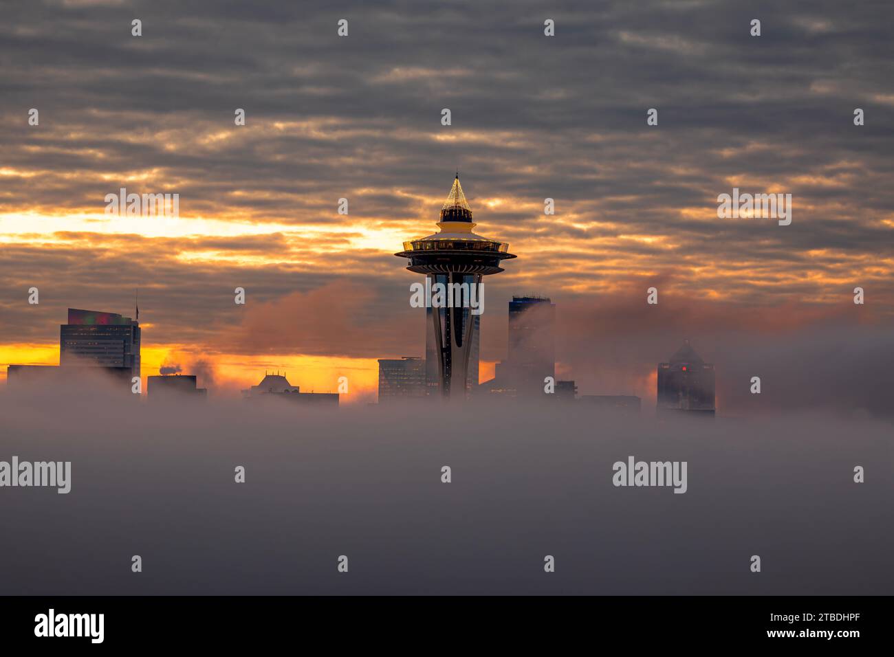 WA2386-00...WASHINGTON - Seattle Morning mit nur der Space Needle und ein paar Hochhäusern stehen über der Morgennebeldecke. Stockfoto