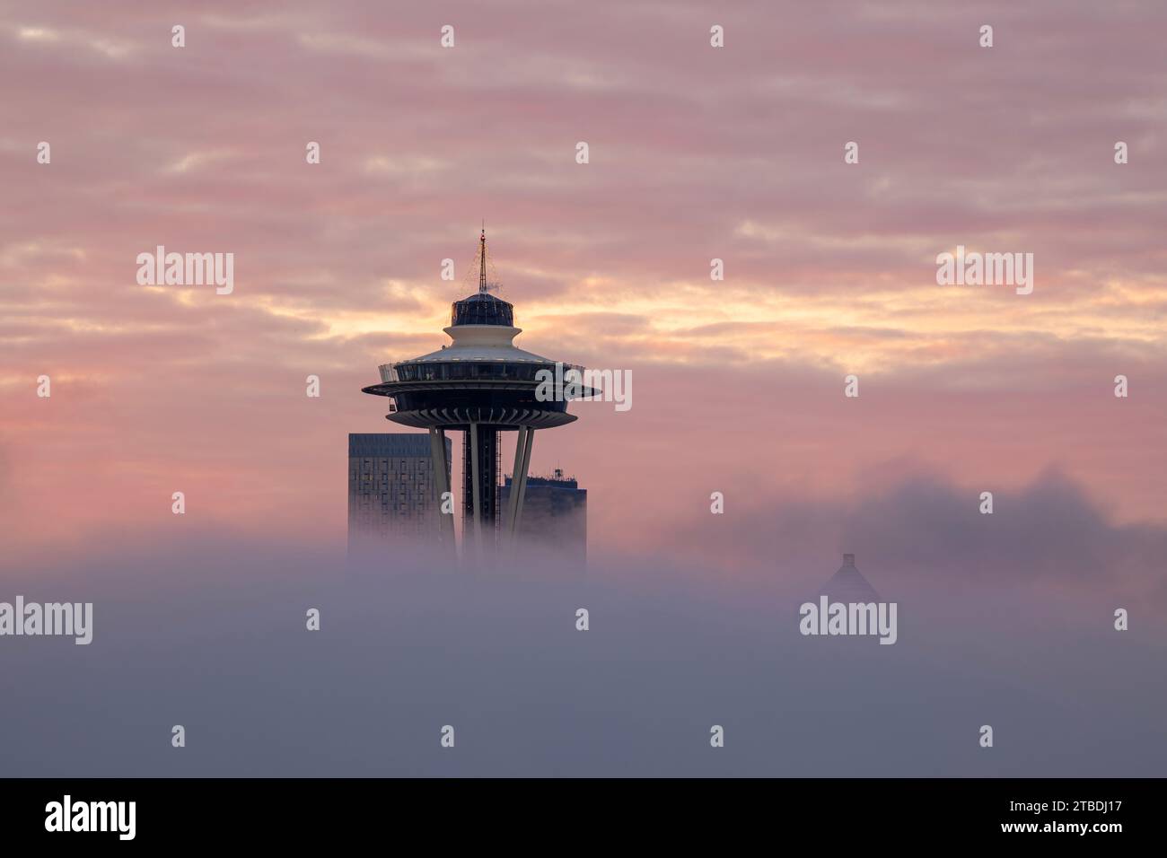 WA23865-00...WASHINGTON - Seattle Morning mit nur der Space Needle und ein paar Hochhäusern stehen über der Morgennebeldecke. Stockfoto