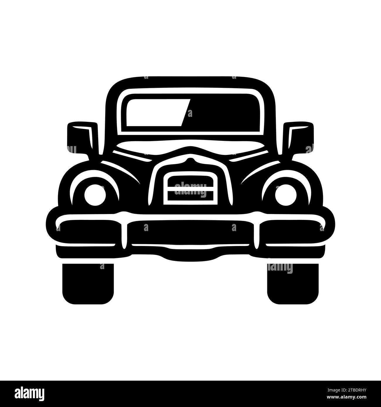 Altes Retro-Auto mit schwarzem Symbol, Vorderansicht. Klassisches Fahrzeug. Muscle Car Silhouetten im Gesicht. Oldtimer. Transportsymbol. Vektorabbildung Stock Vektor