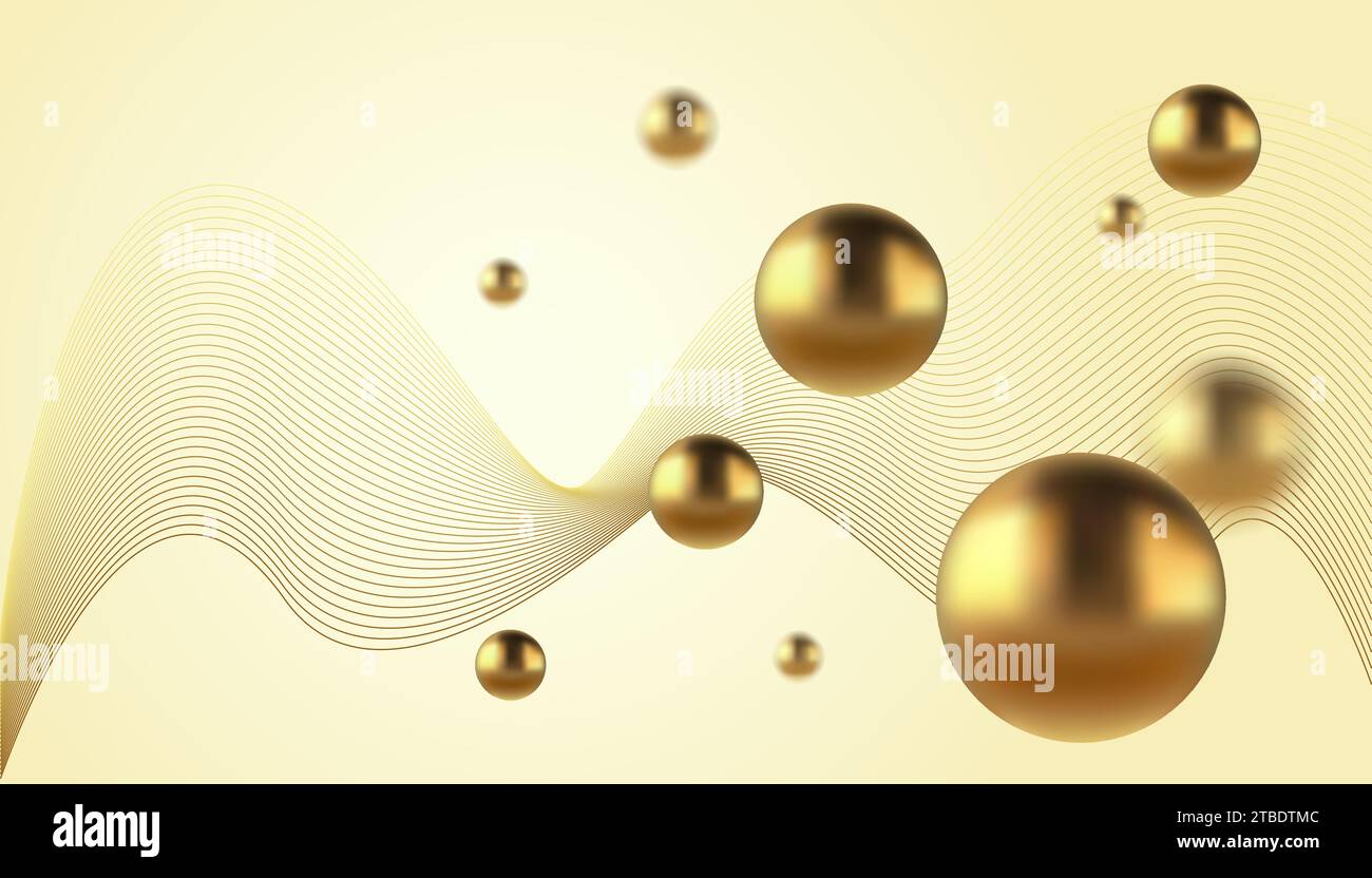 Abstrakter Vektor-Hintergrund mit goldenen Metallkugeln. Trendiger Vektor-Hintergrund im realistischen Stil mit Gold. Stock Vektor