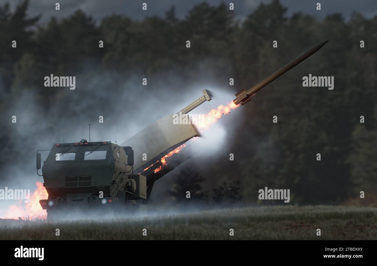 Hochmobiles Raketenartilleriesystem während des Feuers Stockfoto